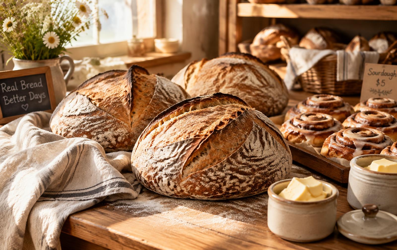 Fresh sourdough loaves, cinnamon rolls, and butter crocks on a wooden counter